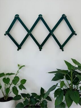 Vintage Wooden 10 Peg Accordian Folding Rack Hat Coat Mug Rack Expandable Green